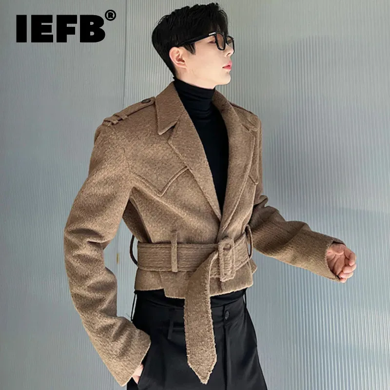 IEFB Autumn Winter Thickened Designer Short Woolen Belt Men Jacket Coat 2023 Solid Color Korean Fashion Male Tops 9A6200