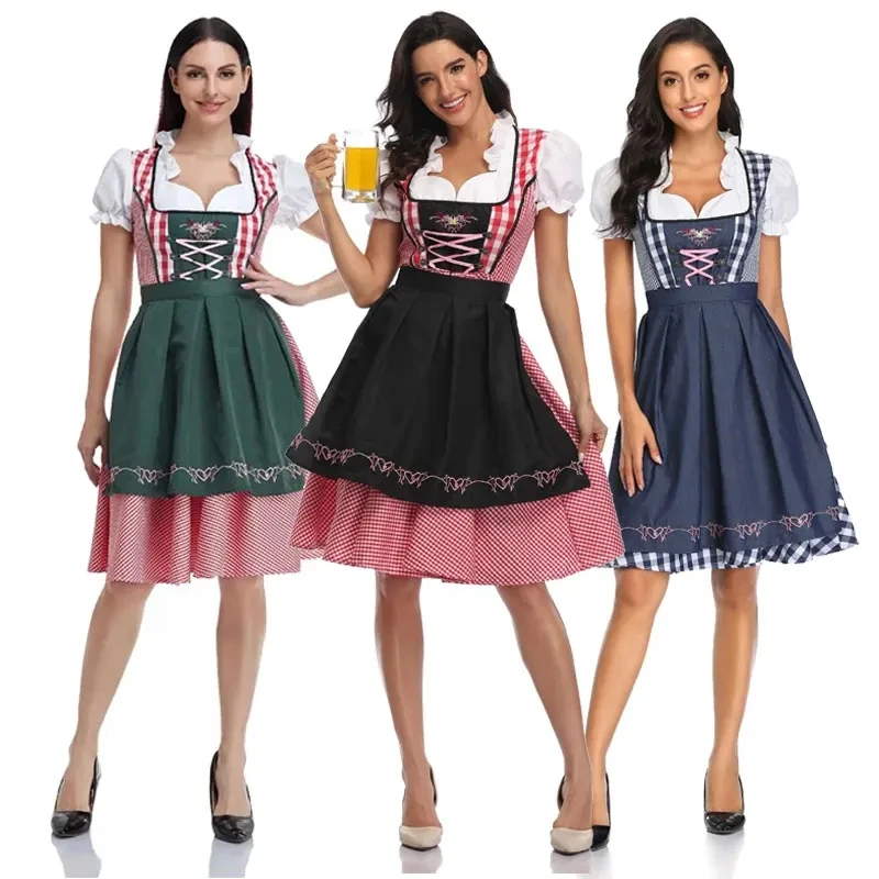 

Traditional Bavarian Oktoberfest Costumes Plaid Dirndl Dresses Women Apron Dress German Beer Wench Maid Cosplay Party Dress