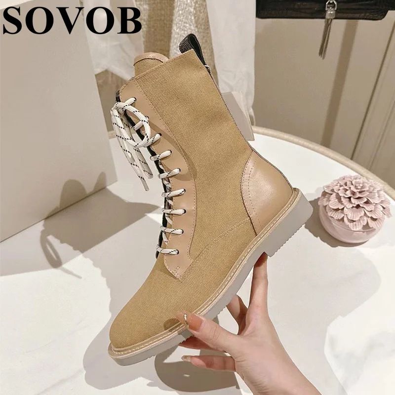 

Spring Autumn Canvas Round Toe Short Boots Women Flat Bottom Lace With Side Zipper British Style Motorcycle Boots Ankle Boots