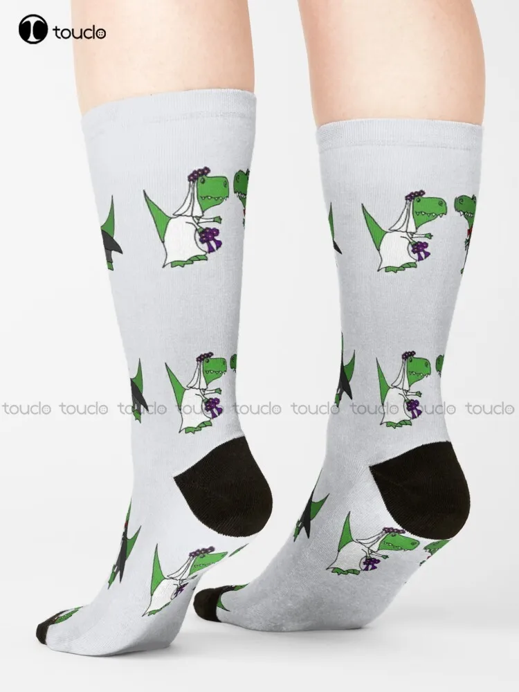 

Funny Green T-Rex Dinosaur Bride And Groom Socks Personalized Socks Unisex Adult Teen Youth Socks 360° Digital Print Gift Retro