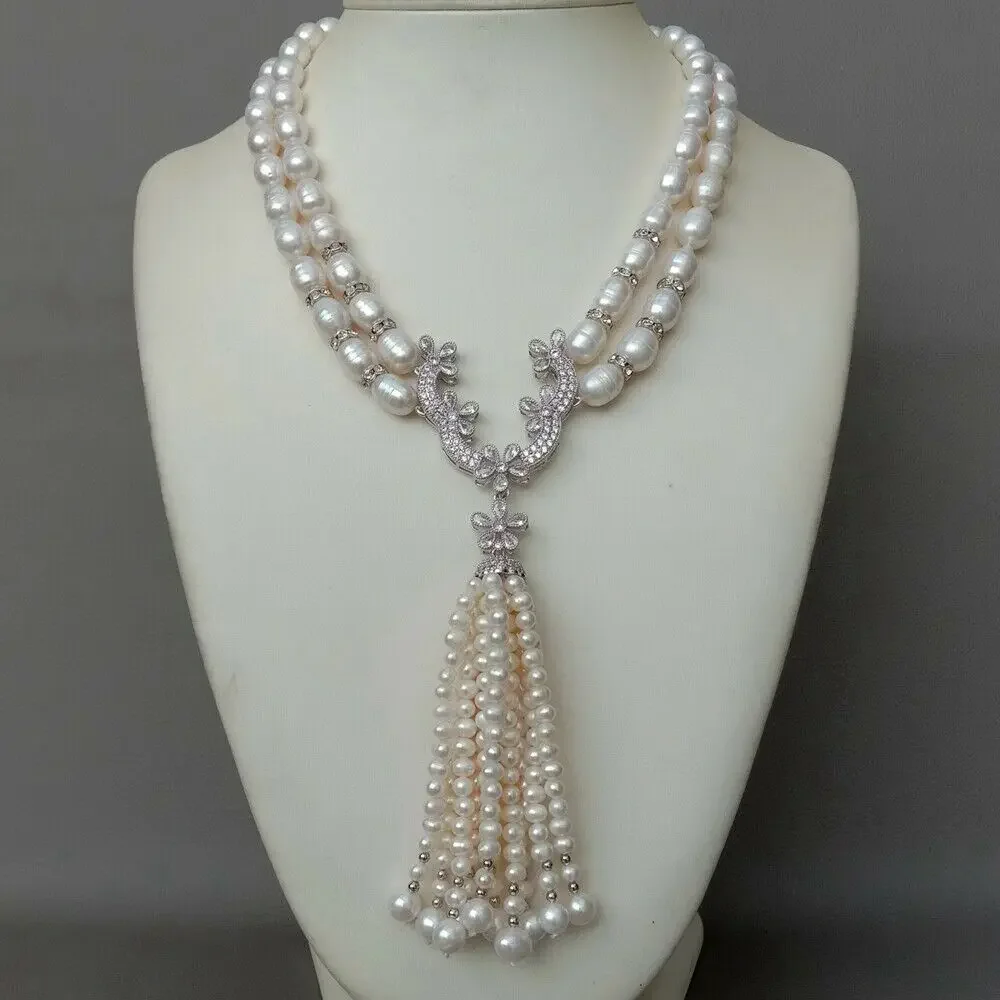 

19" 2 Strands Cultured White Rice freshwater Pearl Necklace Zircon Pave Pearl Tassel Pendant