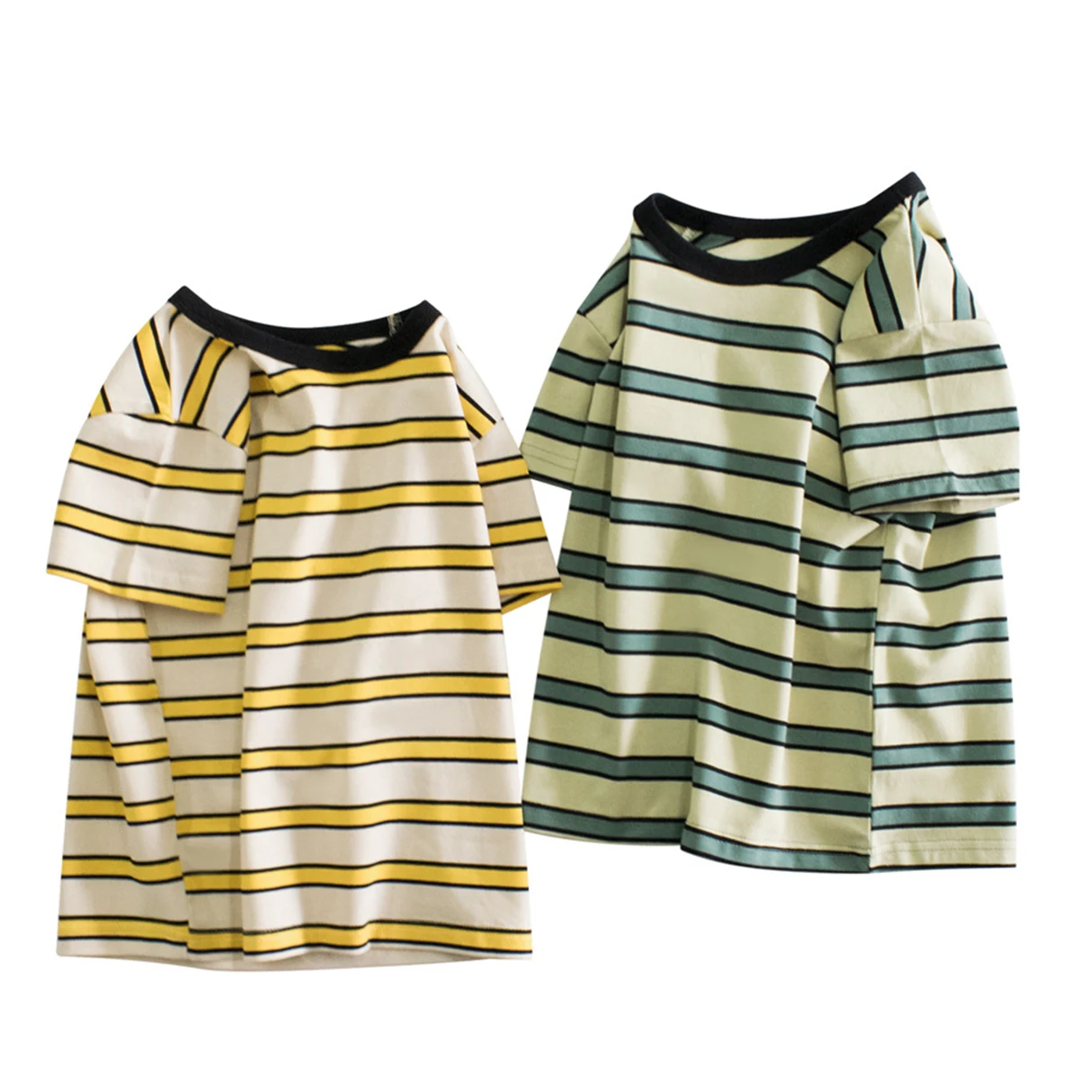 Boys Short Sleeves Colored Stripes T-Shirts Tops Toddler Boys Round Neck Cotton Tops Kids Summer Pull-on Clothes Tees