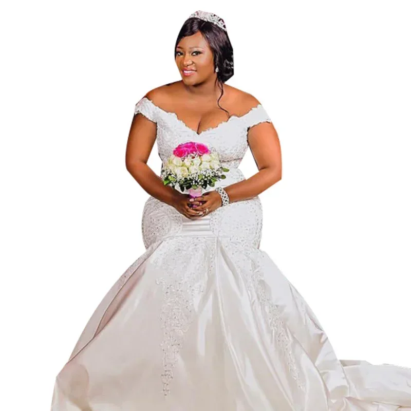 

Customized Off The Shoulder Heavy Appliques Beads Mermaid Wedding Gown SatinPlus Size Africa Corset Back Bridal Gowns