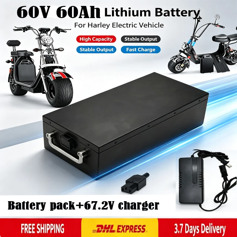 60V 60Ah Lithium-Akku-Pack mit Ladegerät, Hochleistungs-Lithium-Ionen-Akku, BMS-Schutz, für Elektroroller, E-Bike, Motorrad