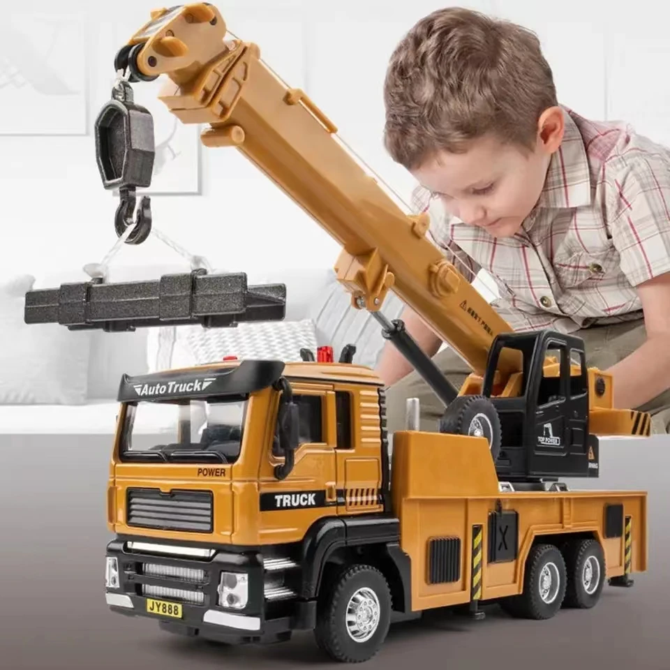 New 1/50 Crane Truck Model Toy Car Diecast Alloy Engineering Vehicle Sound Light Pull Back High Simulation Toy Kids Gift