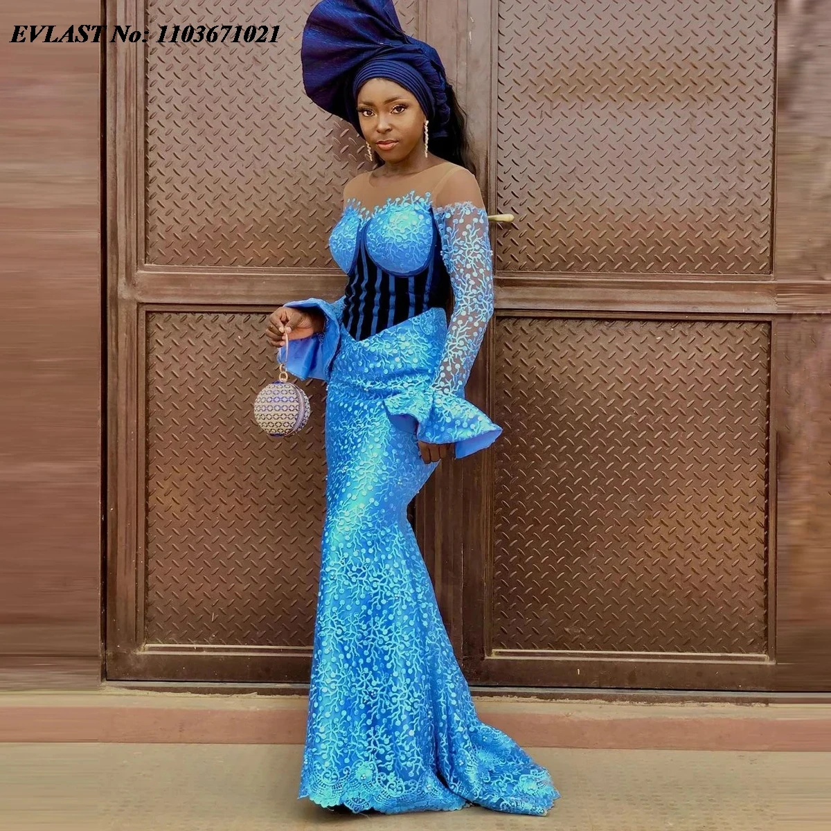 EVLAST Stunning Blue Lace Nigerian Prom Dress Mermaid African Women Formal Party Dress Asoebi Wedding Guest Party Gowns P113