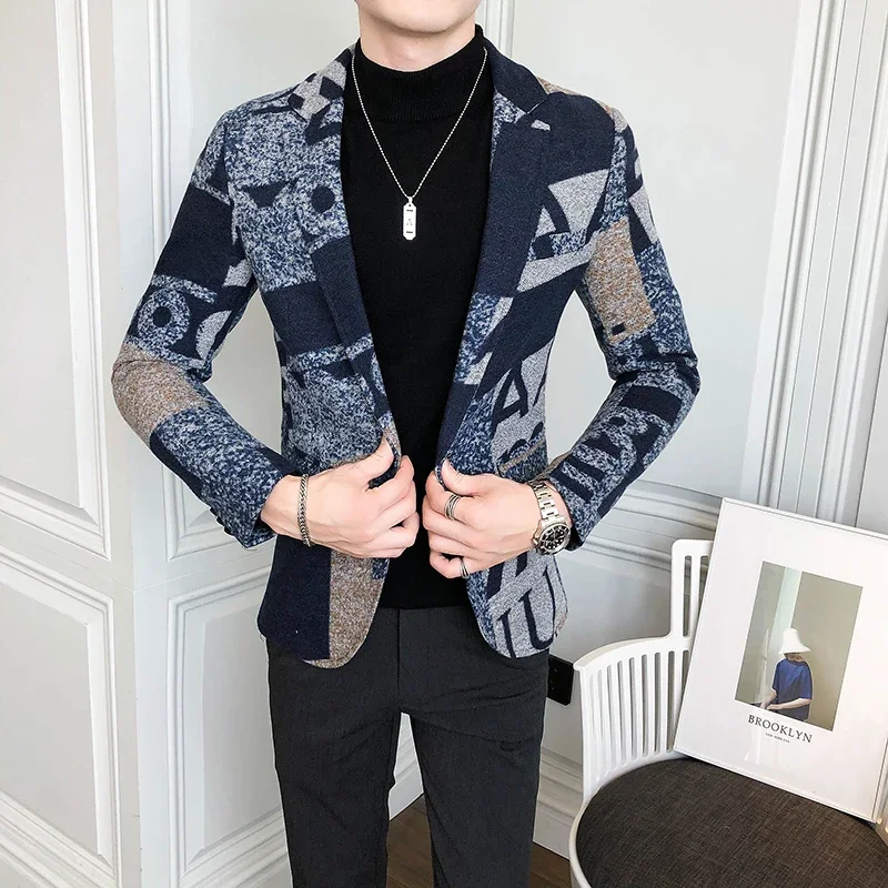 Retro Wool Blazer for Fall/winter 2022 Men Letter Printed New Blazer Slim Business Party Prom Fashion Wool Jacket Men Clothing