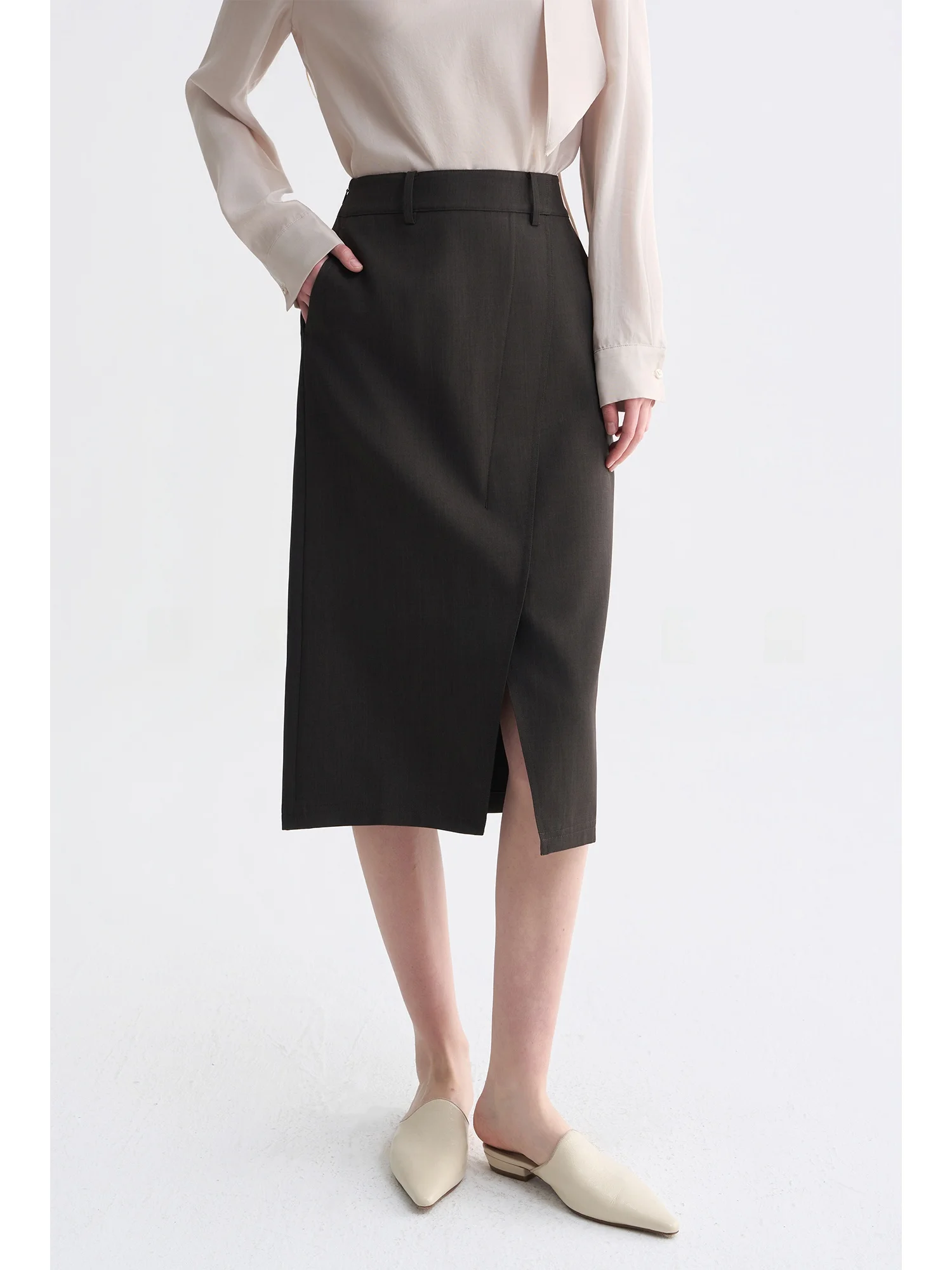 

Юбка-миди USEEN с разрезом для женщин, с поясом, высокая талия, облегающий крой, для офиса, из полиэстера