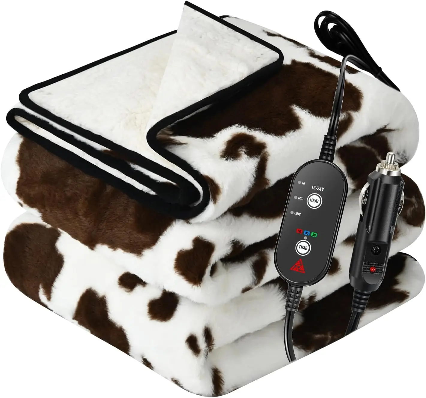

Cow Print Heated Car Blanket, 12V Electric, 3 Heat Settings, 4H Auto Off, Portable for Car Truck SUV RV Camping, Washable