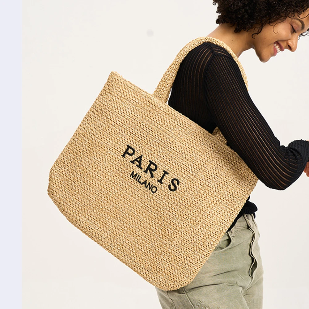 Sac en paille tissé bohème pour femmes, fourre-tout brodé à la main, sacs à main de créateurs, été, voyage Asus, sac de plage en rotin