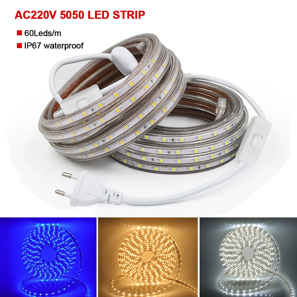 SMD 5050 LED Strip Flexible Light AC220V 110V 60leds/m Waterproof Led Tape LED Light With Switch Power Plug Outdoor Room Decor