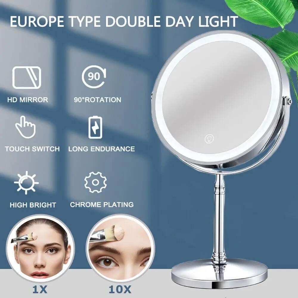 Miroir de maquillage Double face avec lumière LED, miroir cosmétique de forme ronde de 8 pouces, miroir grossissant de bureau 10X pour la maison