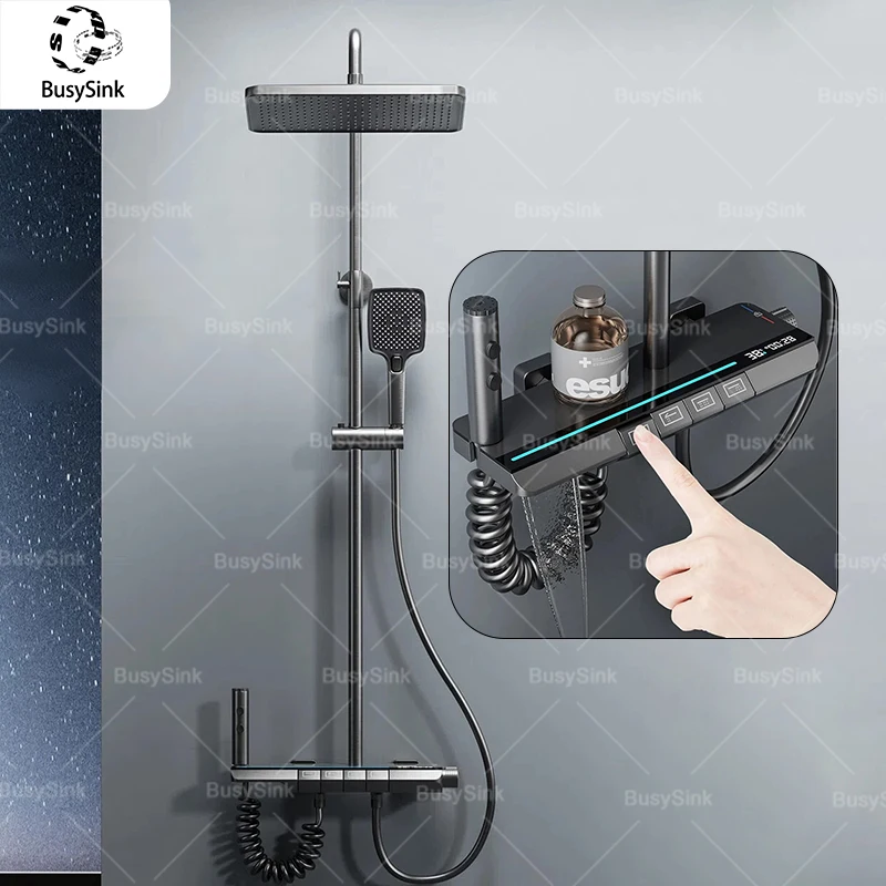 

Серый душ для ванной комнаты, термостатические многофункциональные клавиши фортепиано, цифровой дисплей, бытовой набор душевой системы под давлением