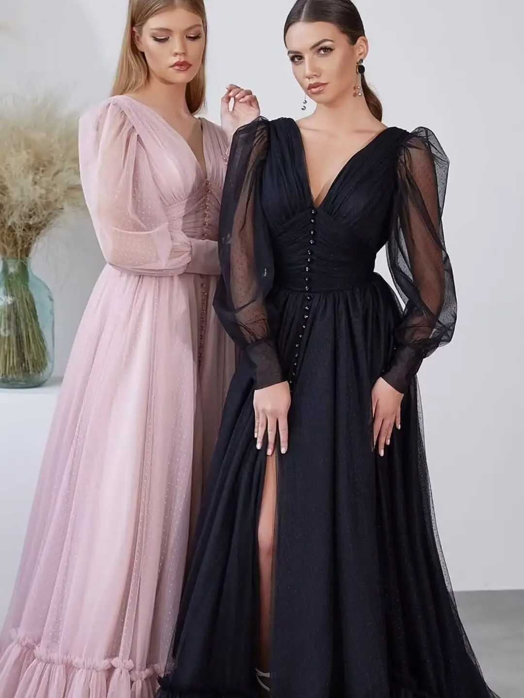 Elegante tule galajurk met V-hals, gezwollen mouwen, lange baljurk met split voor dames, formele avondjurk