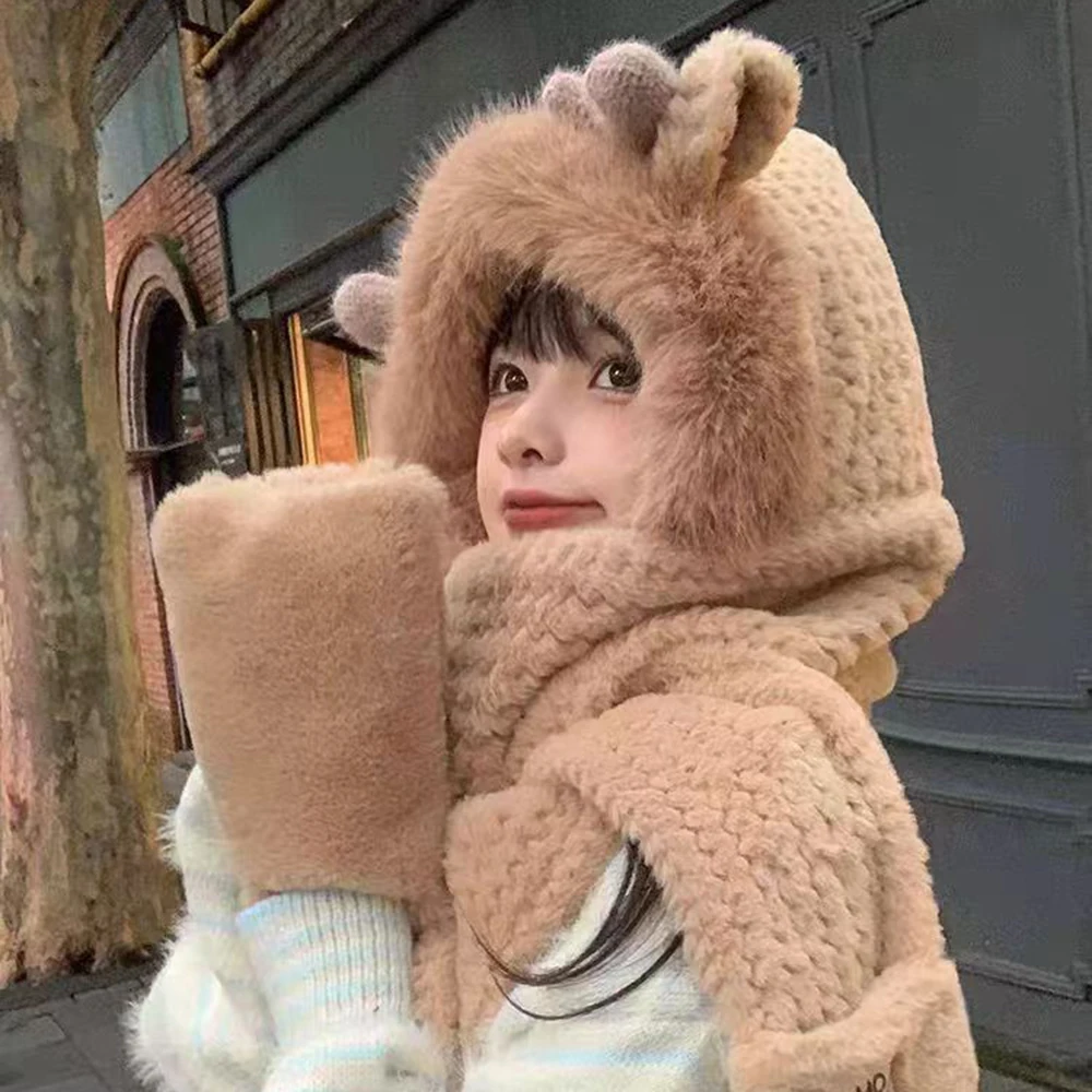 1Pc Cute Bear Ear Hat Scarf Gloves 3-in-1 Winter Warm Hedging Cap Women Windproof Plush Hat Scarf