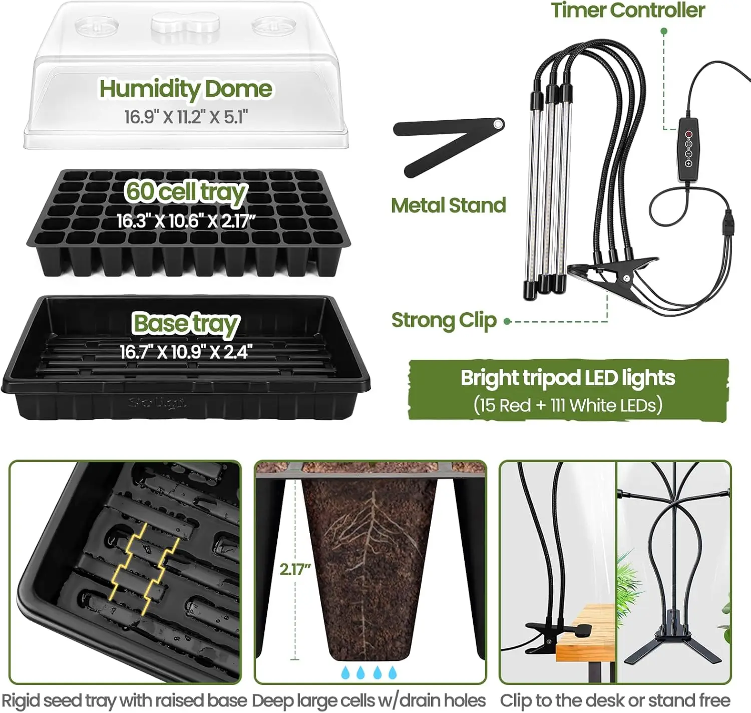 Seed Starter Kit with Grow Light - Durable 60 Cell Seed Starting Tray, Humidity Dome for Seed Growing Germinating