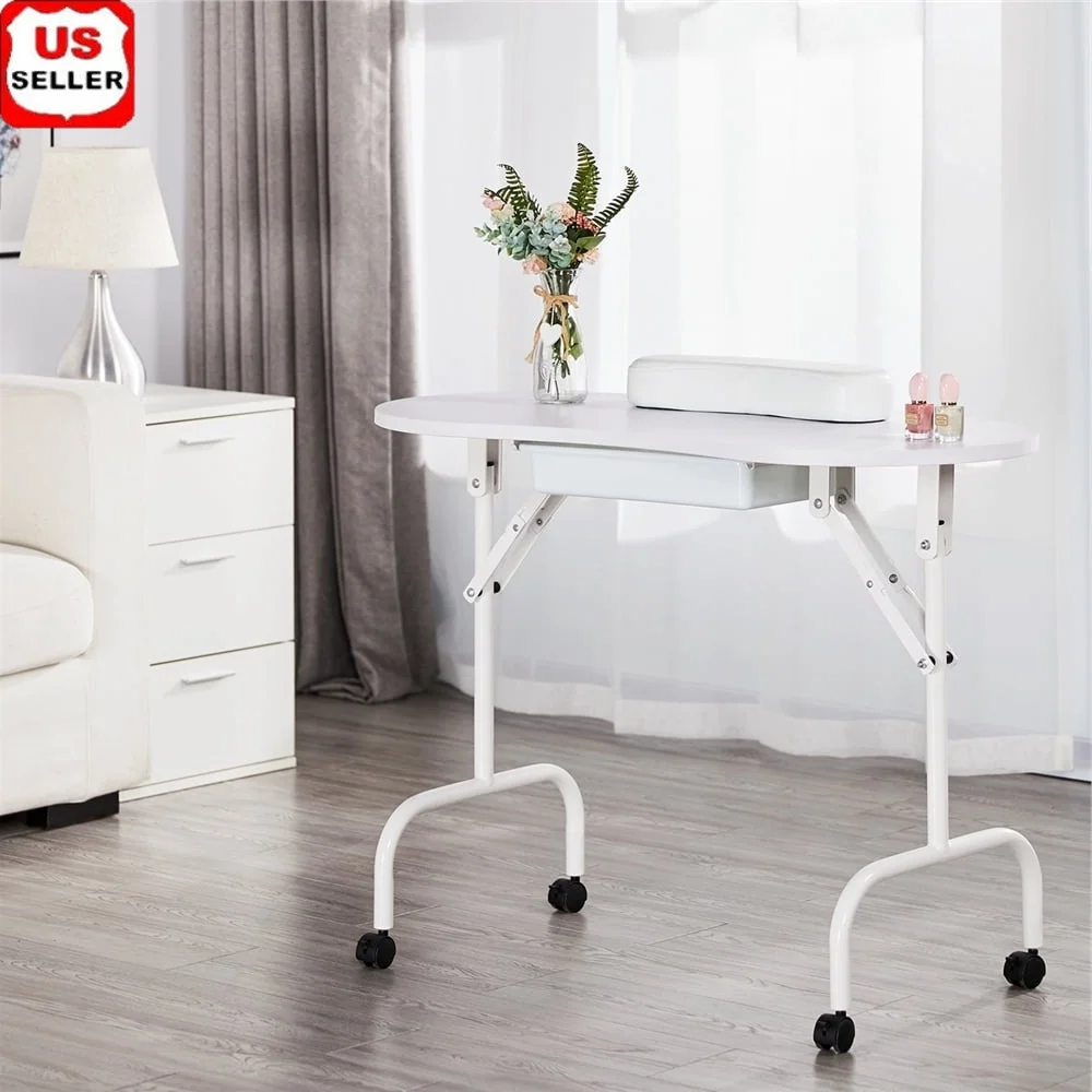 

Portable Foldable Manicure Table with Rolling Wheels Nail Beautician Desk Storage Drawer Carry Bag Mobile Salon Use