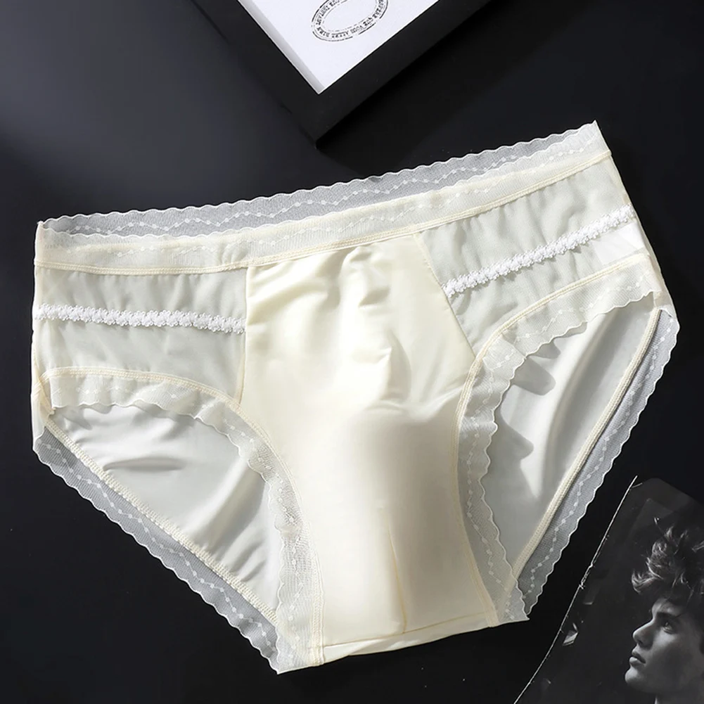 Men's Sexy Lace Solid Color Ice Silk Briefs Sexy Accessories Hot Underwear 3D Bulge Pouch Unisex Panties Soft Men's Clothing