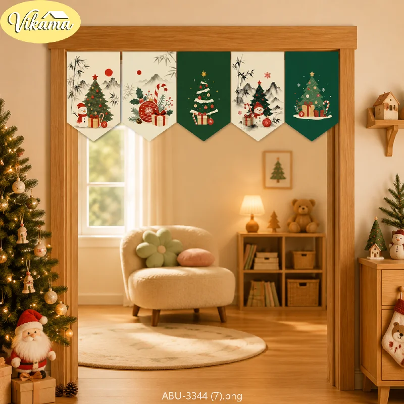 VIKAMA Christmas Chinese Bamboo Mountain Pennant Flag Set Pine Snowman Present Emerald Cream Doorway Hanging Kitchen Dining Soft