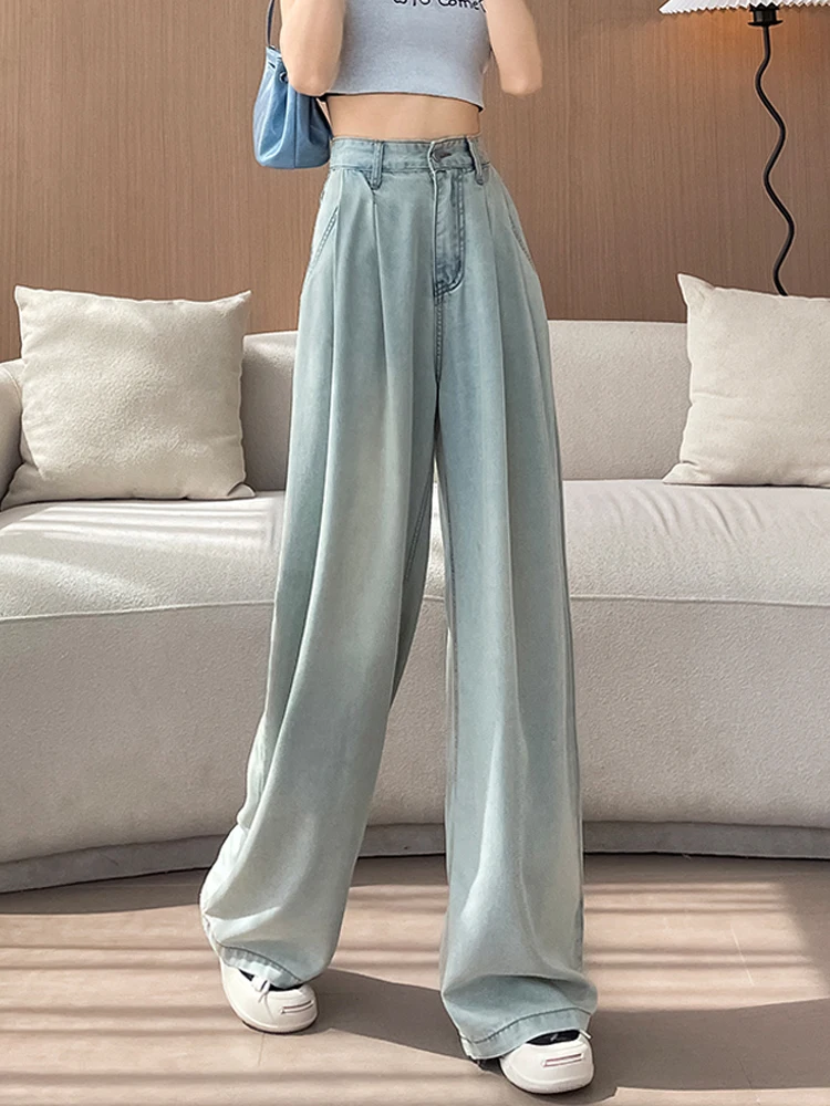 

2025 Fashion Retro Washed Light Blue Women's Straight Leg Jeans Drapey Loose American High Street Versatile Long Pants Wh9