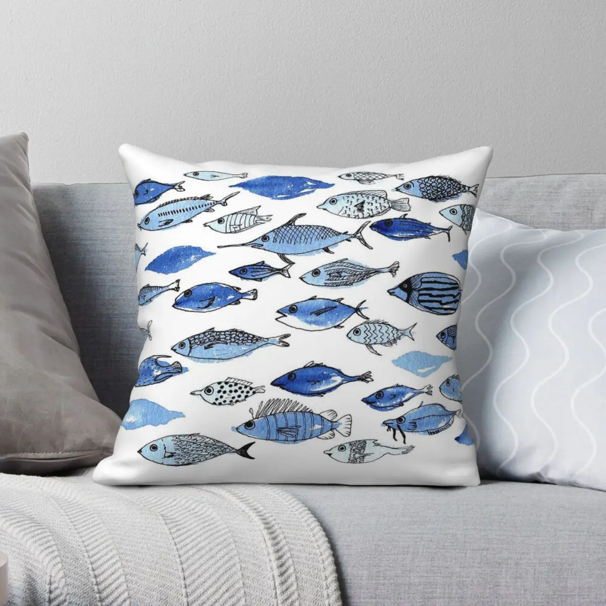 

Blue Fishes Square Pillowcase Polyester Linen Velvet Printed Zip Decorative Home Cushion Cover