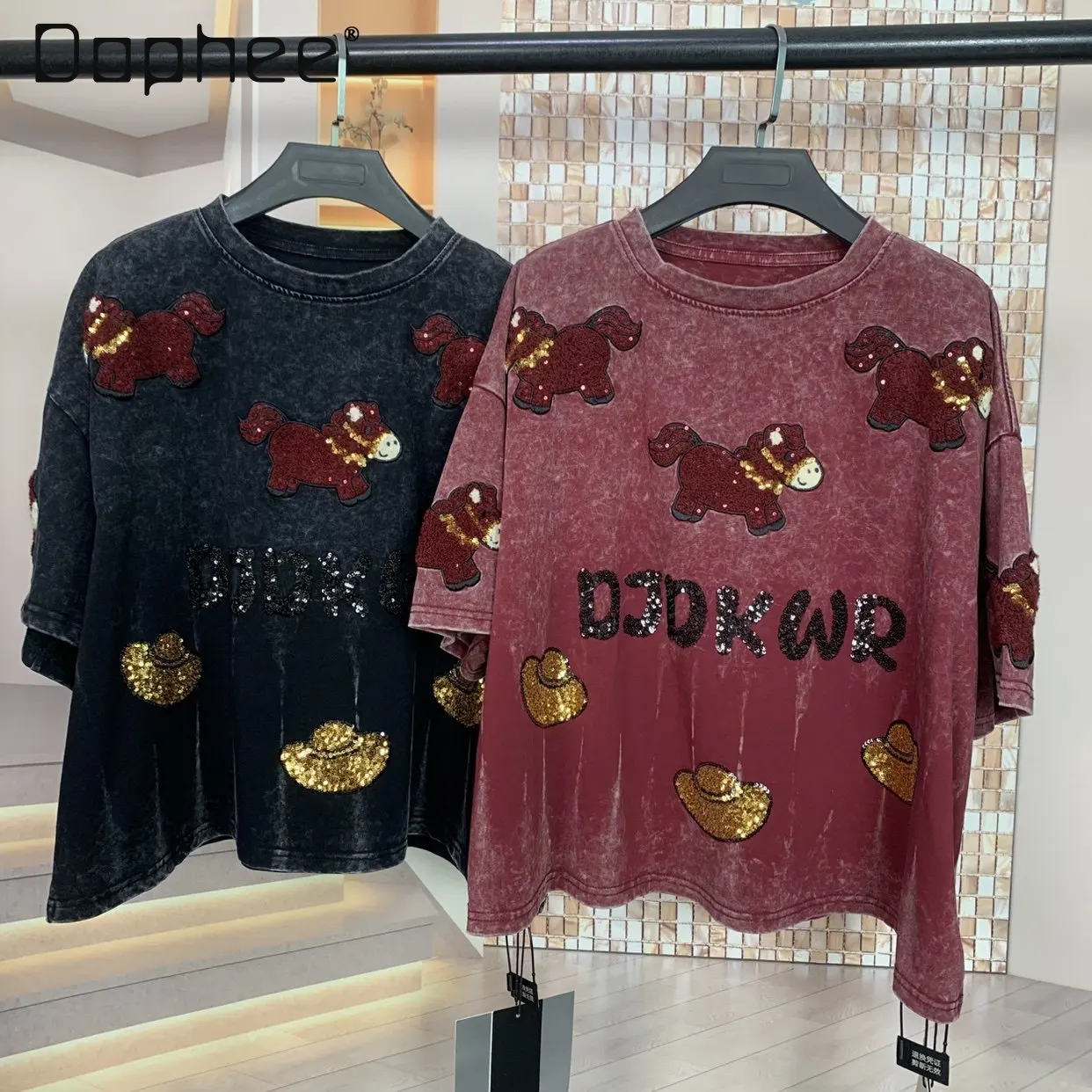 

Trendy Brand tee Fashion Heavy Wash Cotton Cartoon Age-Reducing Loose Short Sleeve T-Shirt Top women t shirt