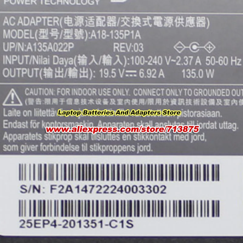 Genuine A18-135P1A A16-135PIB for Chicony 135W Charger 19.5V 6.92A AC Adapter for Acer NITRO 5 AN515-55 N20C1 N18C3 ADP-135NB B