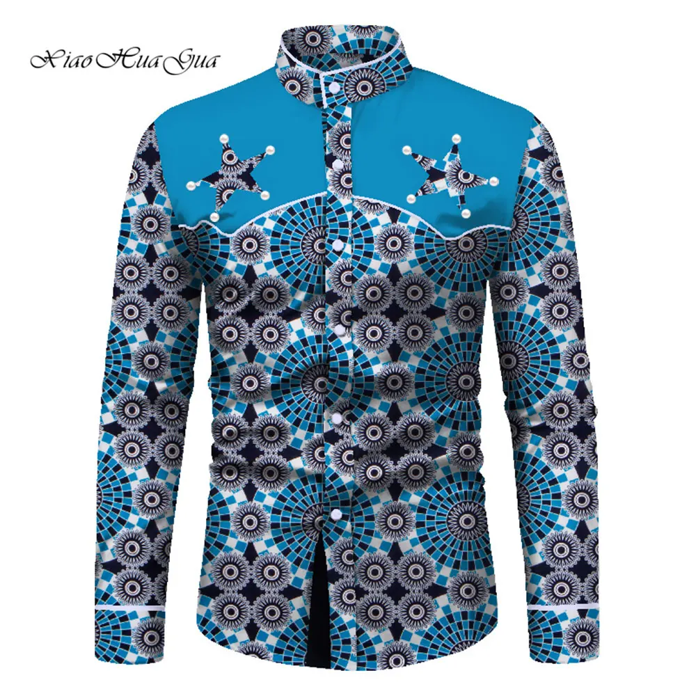 African Men Long Sleeve Shirt Fashion Bazin Riche Tops Men Casual African Print Shirt Coat Causal Party Office Shirt WYN645