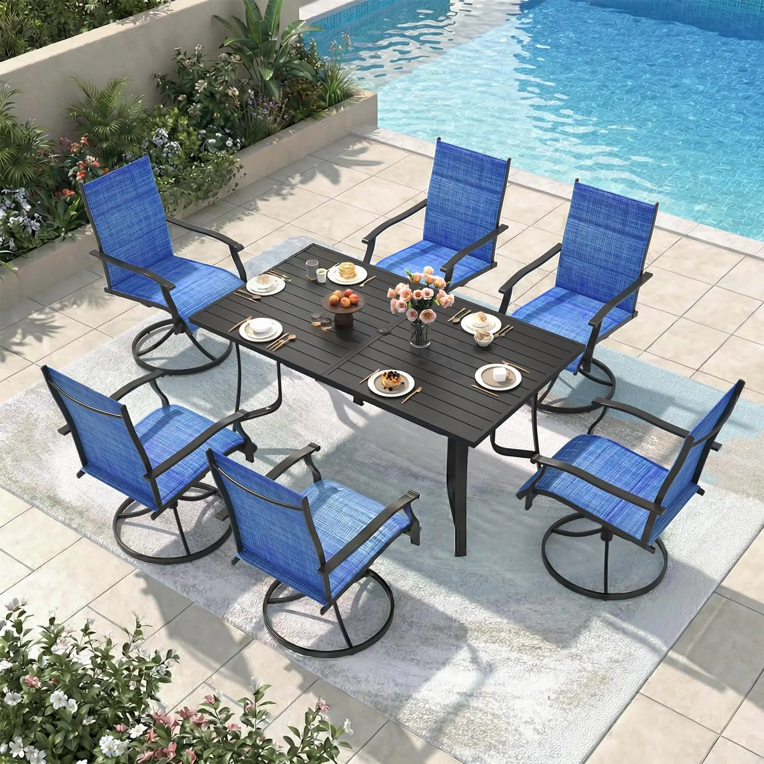 

7pc Metal Patio Dining Set,63"Table w/Umbrella Hole&6 Swivel Textilene Chairs,Outdoor Furniture for Porch Deck Yard,Customized