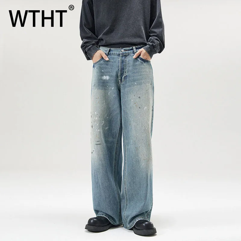 

WTHT Fashion Men's Graffiti Gradient Do Old Design Denim Pants Vintage 2025 Autumn Wide Leg Straight Loose Jeans Male 2A2304