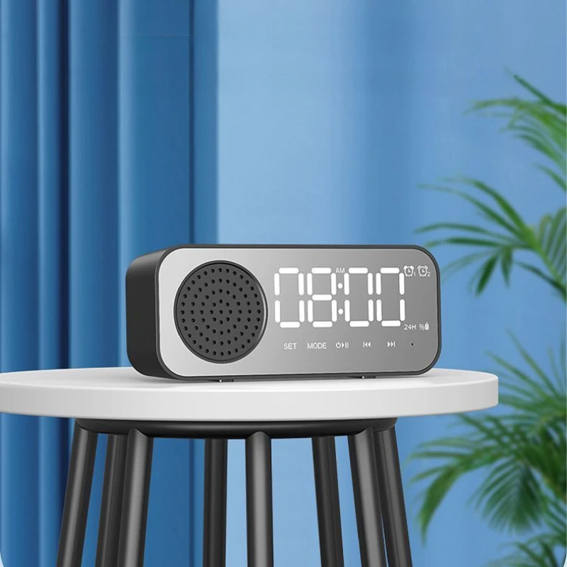 Bluetooth Wireless Audio Büro Wecker, Mini LED Spiegel Digitaluhr, Handy Lautsprecher, Stereo Audio, UKW-Radio