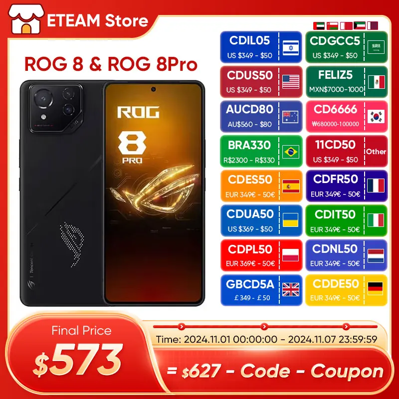 

ASUS ROG 8 & 8 pro android 5G Gaming Phone Global Rom Snapdragon 8 Gen 3 6.78'' 165Hz AMOLED Screen 5500mAh 65W Fast Charge