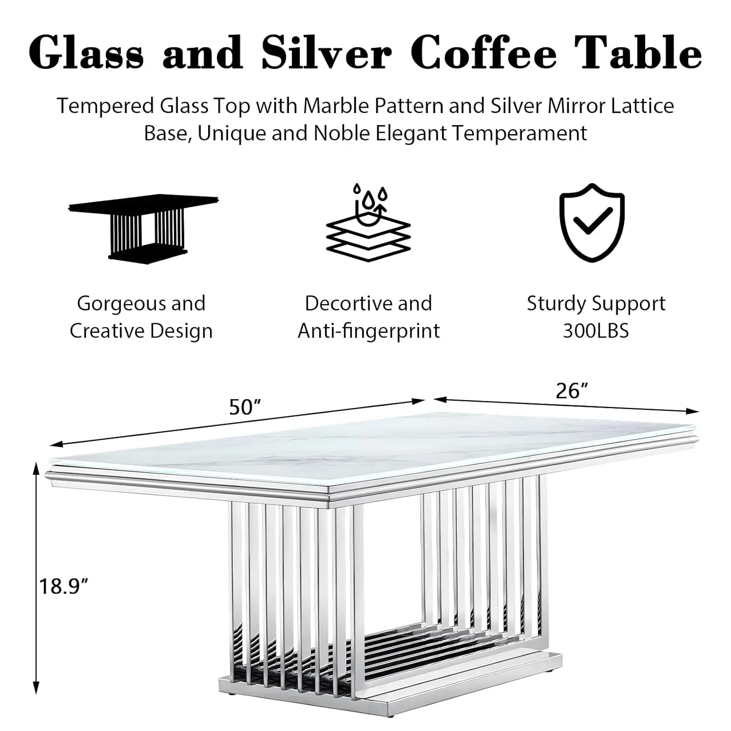 50" Coffee Table, White And Silver Center Table With Tempered Glass Top And Geometric Gridiron Chrome Base, Modern Glam Rectangl