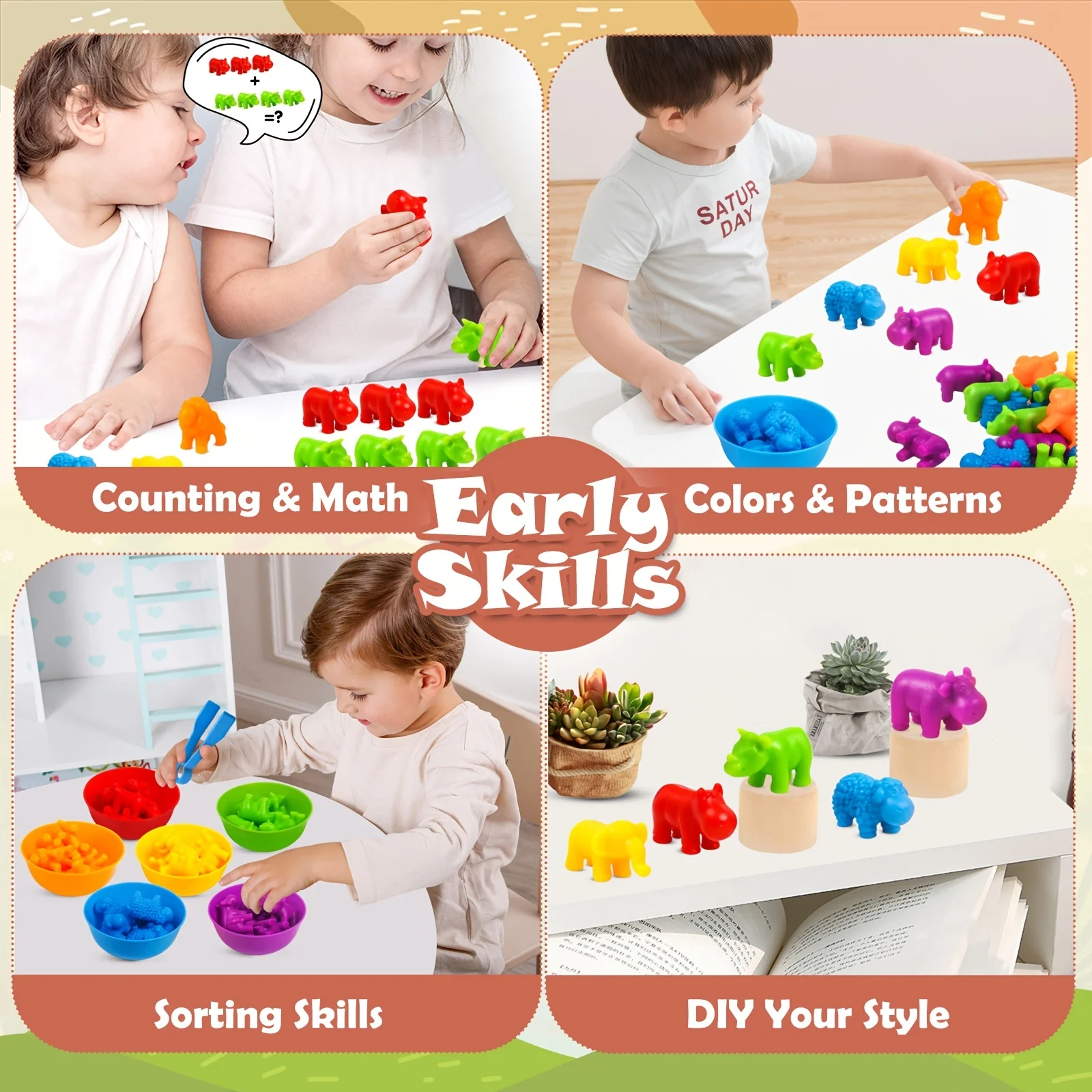 Counting Animal Matching Games Color Sorting Toys with Bowls Preschool Learning Activities for Math Montessori Kids Sensory Toys