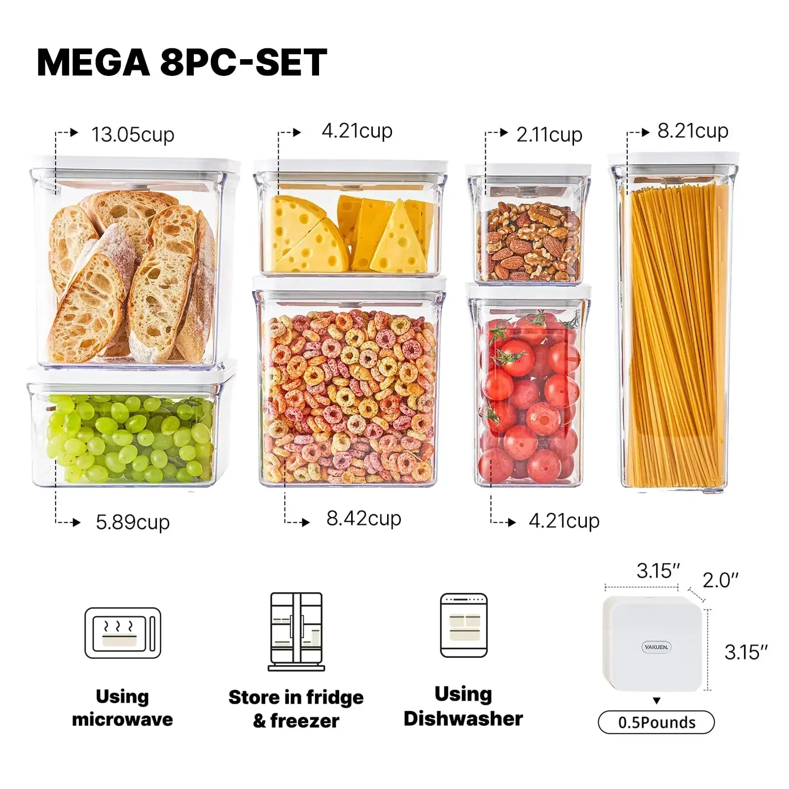 Premium Airtight Food Storage Containers Mega 8P/Set. 7pcs Container and Vacuum Sealer. Smart One-Click Seal Lid, Patented Doubl