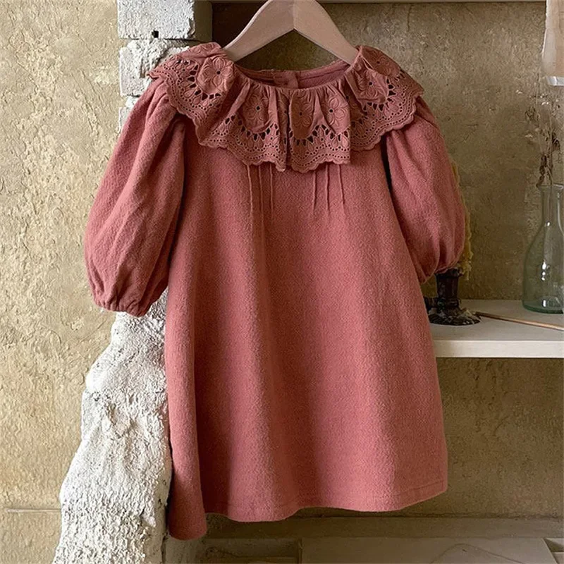 Girls Dress Korean Style Spring Autumn New Dress Lace Lotus Leaf Lapel Princess Solidcolor Casual Simple Girls Casual Dress