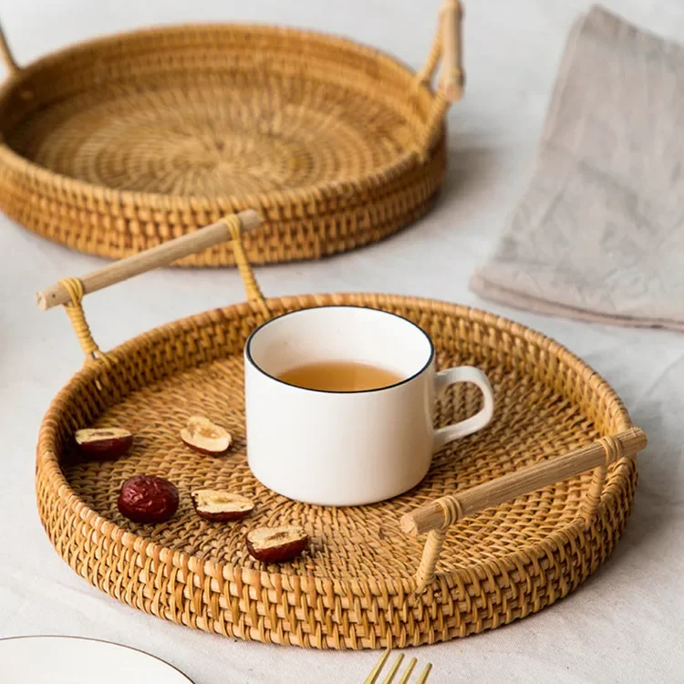 

Handmade Rattan Storage Sort Out Basket Cake Dessert Tray Round Rectangular Fruit Basket Home Use Binaural Weave Snack Plate