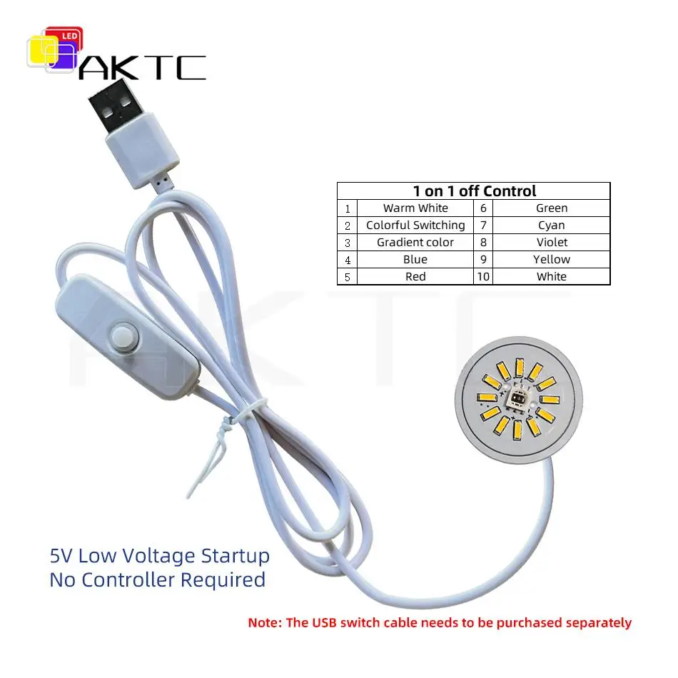 5PCS Round LED Light Board 5V RGB/Colorful Gradient/Single Color 31mm Circular Lamp Plate Compatible USB5V Switch Cable On/Off