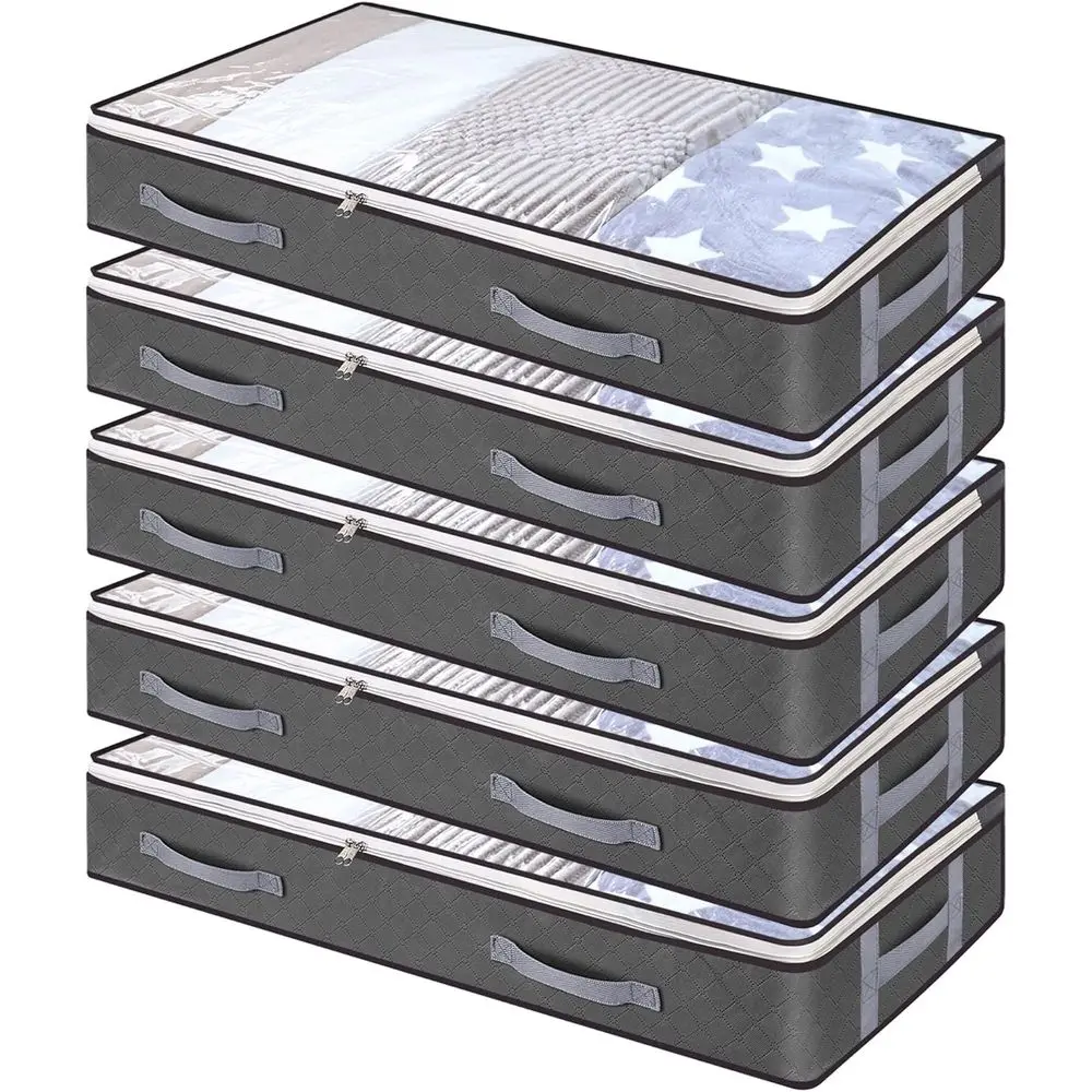 

Набор из 5 сумок для хранения под кроватью, 75 л, для одежды, большие контейнеры для хранения с прозрачным окном, усиленными ручками, на молнии, без застежек