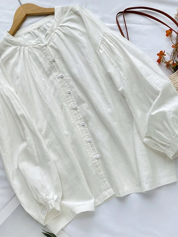 

White Cotton Linen Bubble Sve irt Women's Faionable Slimming Long Sve Top Agel Cut Label Casual Spring irt