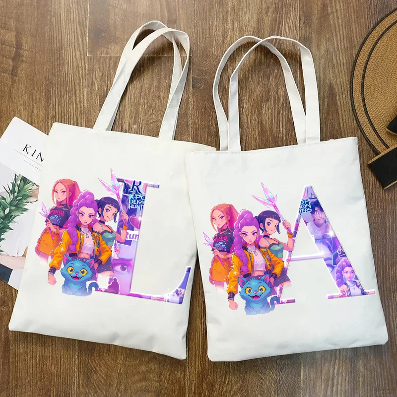 

K Pop Demon Hunters Холщовые сумки с мультяшным буквенным принтом, милые сумки-тоут, женские сумки, сумки для покупок для девочек, подарки на день рождения