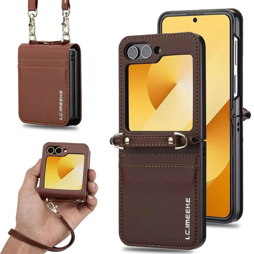 Crossbody Wallet Case For Samsung Galaxy Z Flip 6 5 4 3 Flip6 Flip5 Flip4 Flip3 5G Card Holder Hand Strap Lanyard Leather Cover