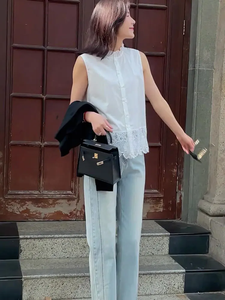 Reine Farbe Spitze Patchwork Einzigen Taste Sommer irt Slim Fit Svel Weste Koreanische Sle Pendeln Wind Gerade Rohr irt