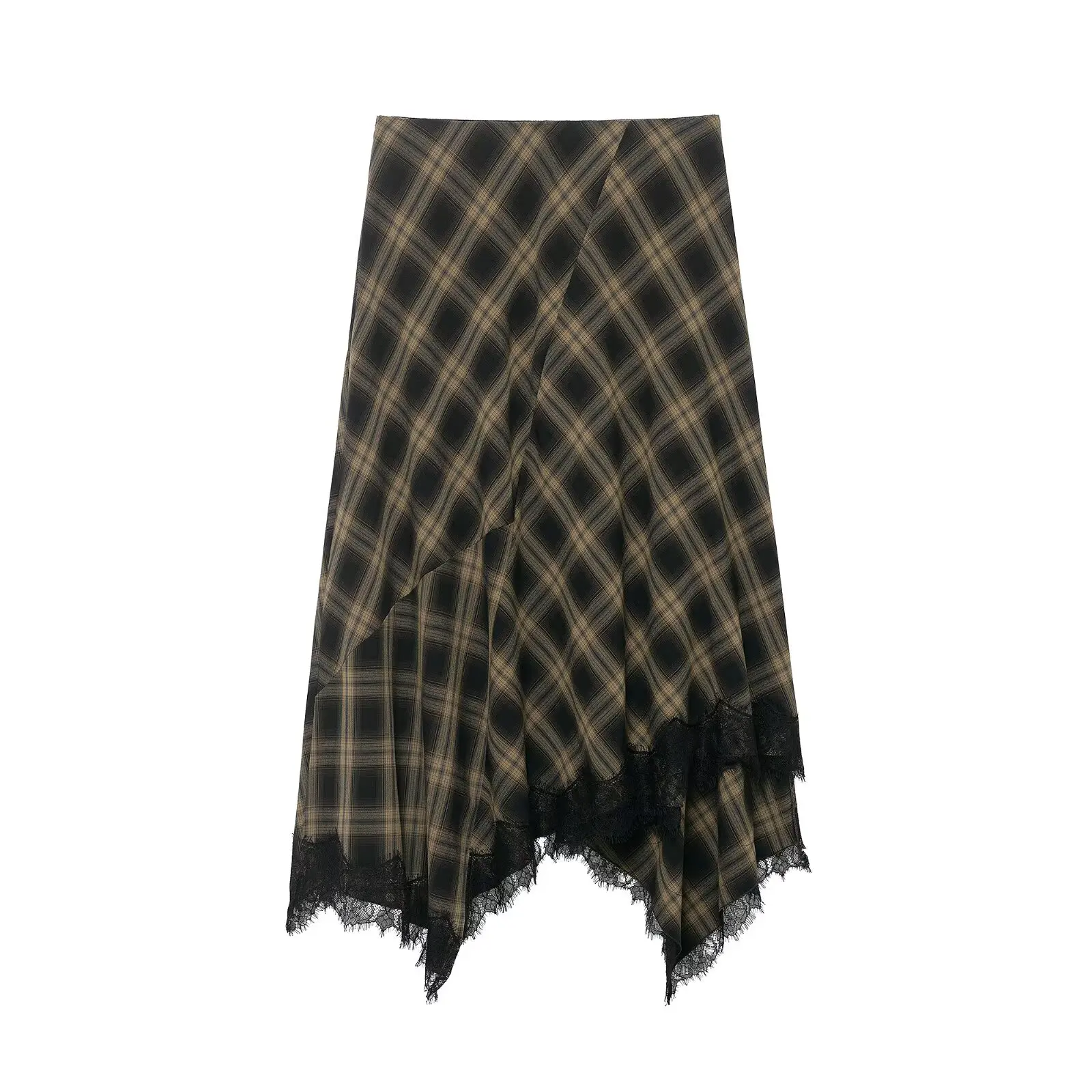 BSAY Plaid Lace Skirt for Women Fashion Autumn Winter New Side Zip Asymmetry Chic Female High Waist Elegant Long Skirts Mujer