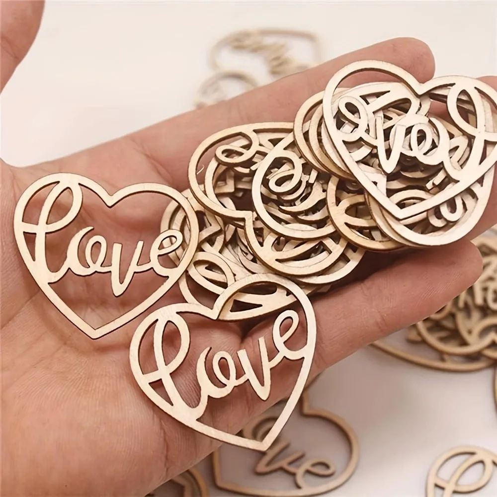 50pcs Wooden Heart Love Shaped Hollowed Embellishment Decoration DIY Cutouts Slices For Wedding Parties Mother's Day Gifts