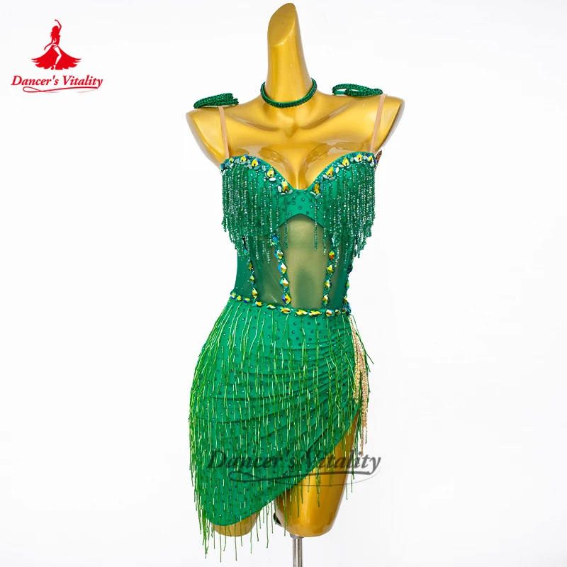 Latin Dance Costume Senior AB Stones Tassel Dress Adult and Child Customized Tango Samba Rumba Professional Competition Dresses