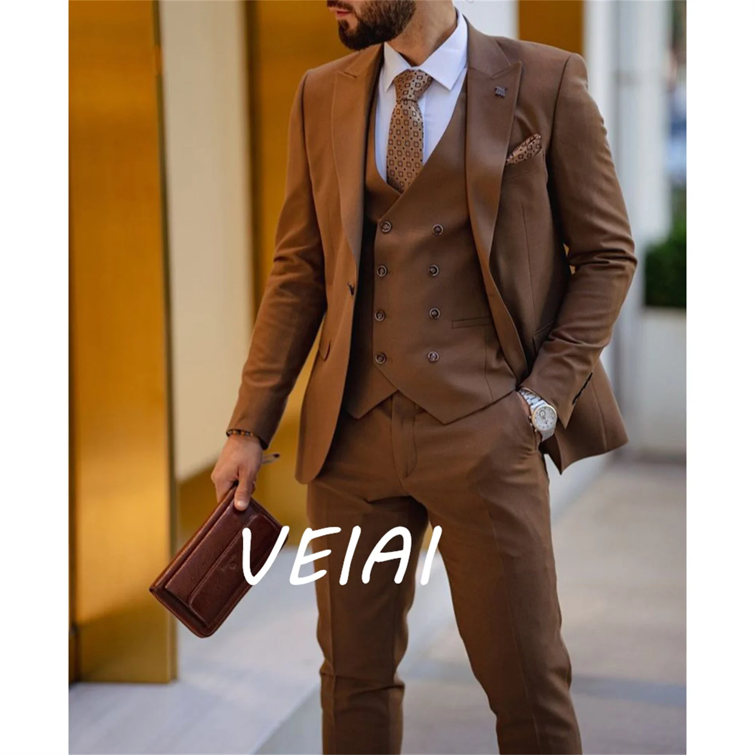 

CustomizedBlazer High Quality Brown Male Tuxedo Wedding Business Spring Autumn Men's Suits 3 Pieces Jacket+Pants+Vest Trajes De