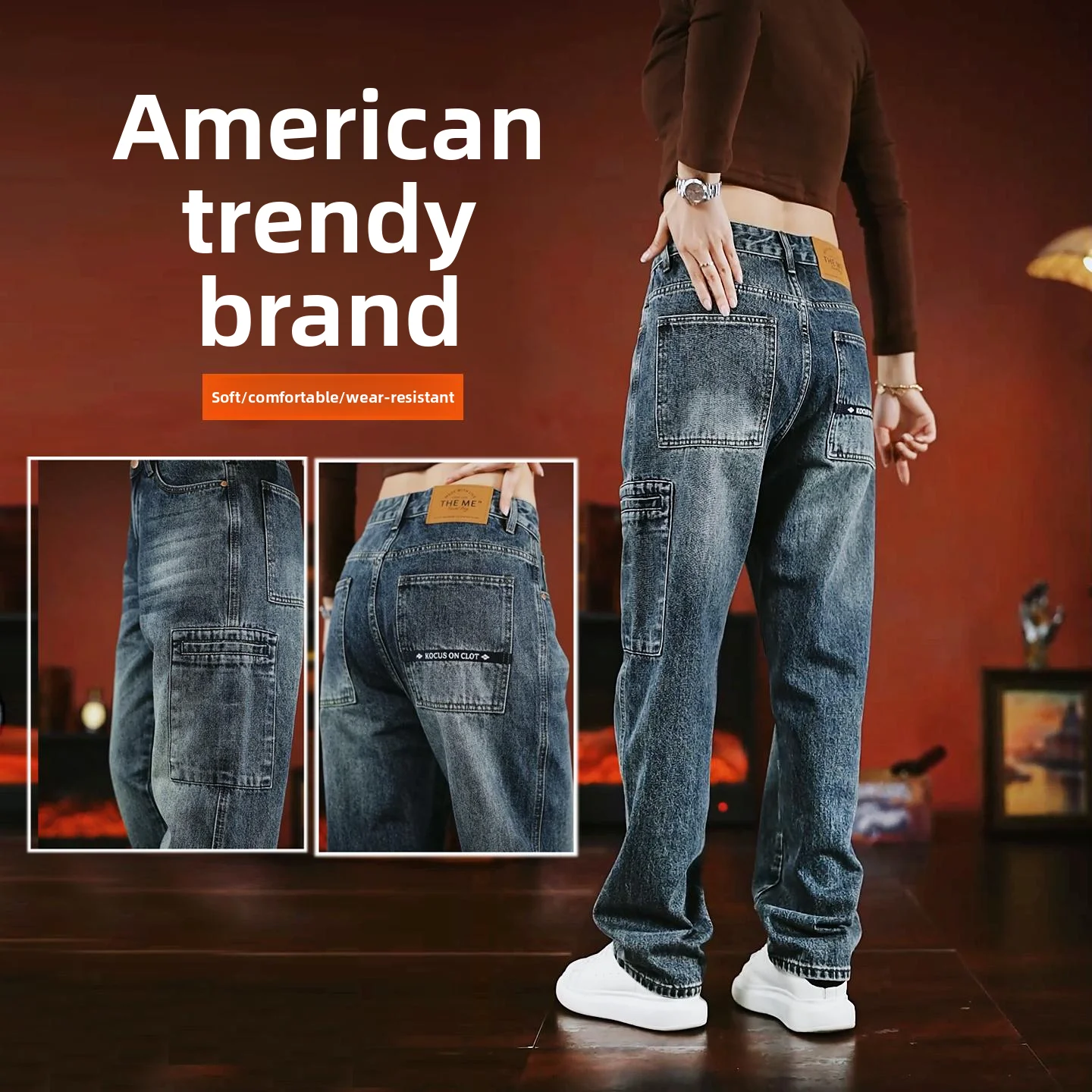 

American High-End Vintage Straight Leg Men's Jeans Patchwork ket Design Loose Faionable Wide Leg Pants Casual Cotton