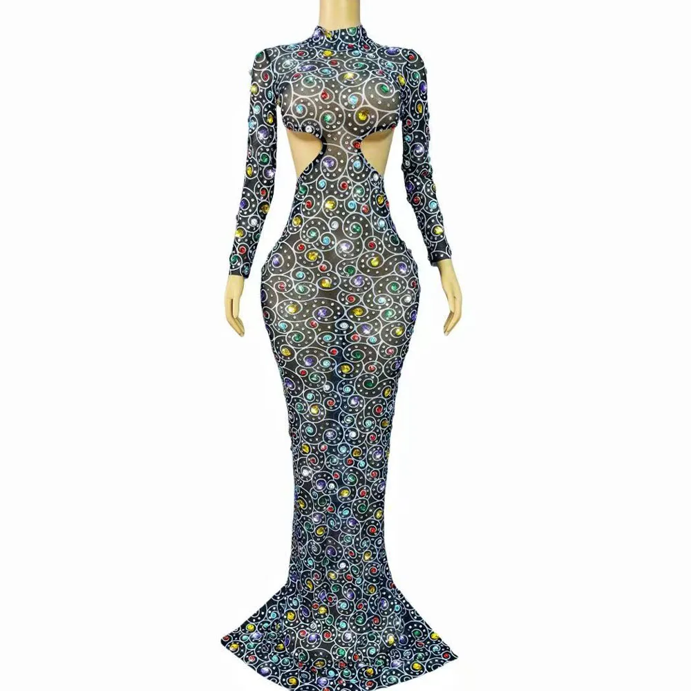 

Sexy Hollow out Designed Sparkly Rhinestones Trim fit Mesh Dress Women Birthday Party Prom Evening Gown Red carpet Show Outfit