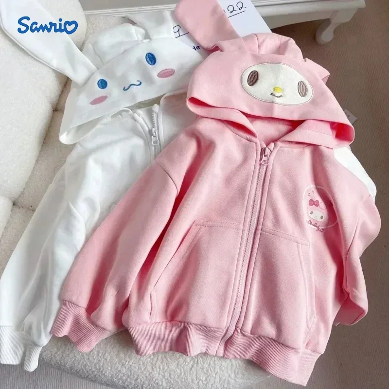 Hot Sanrio Sweatshirt Hooded Cute My Melody Kuromi Cinnamoroll Zipper Long Sleeve Warm Coat Purin Plush Kids Kawaii Coat Gifts